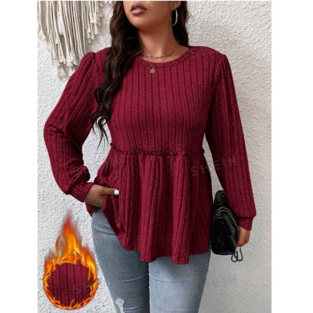 SHEIN Frenchy Plus Rib-knit Peplum Tee, Burgandy, Size 3XL, EUC